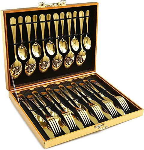 KAHEIGN 24Pcs Besteck Set für 6 Personen, Gold Besteck Set aus Edelstahl, Hochglanzpoliert Design, Spülmaschinenfest Messer Gabel Löffel Besteck-Set für Geburtstag, Party, Weihnachten von KAHEIGN