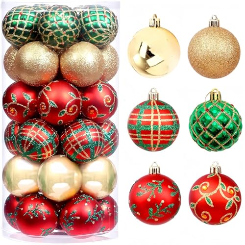 KAHEIGN 30Pcs Weihnachtskugel Christbaumkugeln, 6cm große bruchsichere Weihnachtskugeln zum Aufhängen für Weihnachtsbaum, Weihnachtskugeldekorationen in Rot, Grün und Gold von KAHEIGN