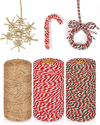 KAHEIGN 3Pcs Weihnachts-Garn Weihnachten Juteschnur und Baumwollschnur, 100m Rot Weiß Grün Bastelschnur für Geschenkverpackungen und Weihnachten Basteln von KAHEIGN