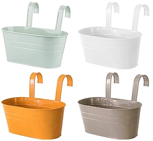 KAHEIGN 4Pcs Metall Hängende Blumentöpfe, 27,5cm Blumentöpfe Pflanzentöpfe Hängende Blumeneimer Pflanztop Übertopf zum Aufhängen mit Abnehmbarem Haken für Balkon Zaun Garten (4Farben) von KAHEIGN