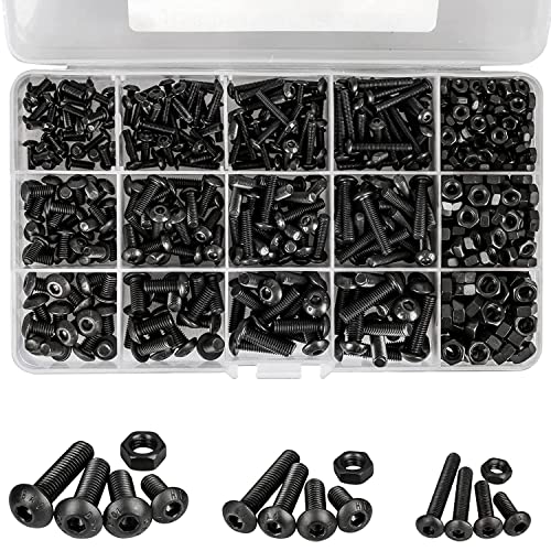 KAHEIGN 500Pcs Innensechskant Schrauben und Muttern Sortiment Set, M3/M4/M5 Gewindemaschinen Innensechskant Schrauben und Muttern, Kohlenstoffstahl Schwarze M345 Sechskantschrauben Set mit Box von KAHEIGN