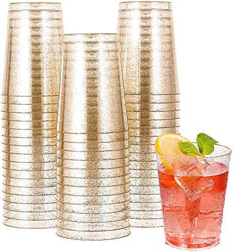 KAHEIGN 50Pcs Partybecher Plastik Schnapsgläser mit Goldglitter, 300ml Dessertschalen Plastik Runde Dessertbecher Klare Wiederverwendbare für Whiskey Pudding Mousse Party (7,5 x 9,5cm) von KAHEIGN