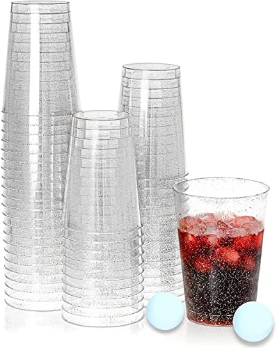 KAHEIGN 50Pcs Partybecher Plastik Schnapsgläser mit Silberglitter, 300ml Dessertschalen Plastik Runde Dessertbecher Klare Wiederverwendbare für Whiskey Pudding Mousse Party (7,5 x 9,5cm) von KAHEIGN