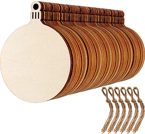 KAHEIGN 60Pcs Holzscheiben zum Basteln, Runde Holz Scheiben Holzanhänger zum Bemalen DIY Handwerk Holzverzierungen für Weihnachtsschmuck Weihnachtsanhänger mit 60Pcs hängenden Schnüren von KAHEIGN