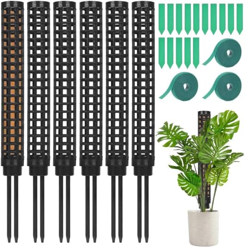 KAHEIGN 6Pcs Moosstab für Monstera Rankhilfe Zimmerpflanzen, 25cm Moosstab Rankhilfe Stapelbare Pflanzstäbe, Rankstab mit 15 Pflanzenetiketten und 3 Rolle Klettverschluss für Kletterpflanzen von KAHEIGN