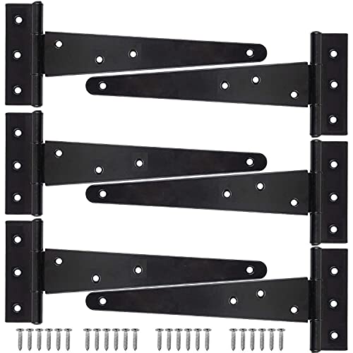 KAHEIGN 6Pcs T-Scharniere 25cm Heavy-Duty Türscharnier Klappbar Scharnieren Metall Eisen T-Riemen Scharnier Torscharniere für Schuppentüren Scheunentor mit 42 Stück Schrauben (Schwarz) von KAHEIGN