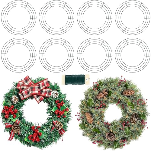 KAHEIGN 8Pcs Adventskranz Draht Kranz Ringe, 12 Zoll Draht Kranz Rahmen mit 35m Befestigungsdraht Kranz Herstellung Ringe Metall Kranz Rahmen für Weihnachten Neujahr Dekoration (Dunkelgrün) von KAHEIGN