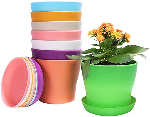 KAHEIGN 8Pcs Blumentöpfe Kunststoff Bunt 14cm Runde Kleine Blumentöpfe, 8 Farben Mini Blumentopf Pflanztöpfe Pflanzenbehälter Innenblumentöpfe mit Palettenschalen für Büro Haus Balkon (14 x 12cm) von KAHEIGN