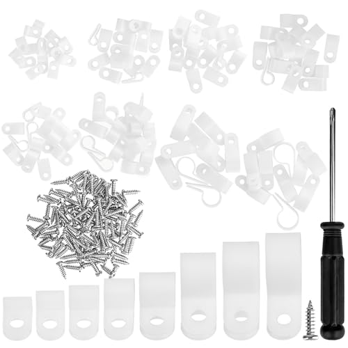 221 Stück Nylon Kabelschellen zum Schrauben Set, 8 Größen R-Typ Kabelhalter Schraubbar, Verdicken Kabelschellen, Kabelklemmen mit 110 Schrauben & Schraubendreher für Kabelmanagement (Weiß) von KAHOUI