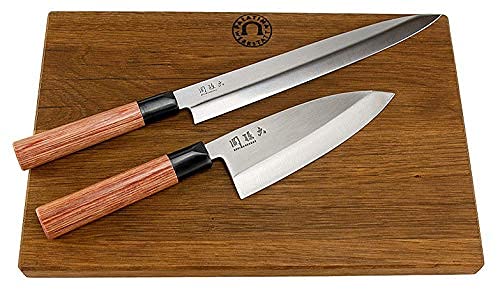 exklusives KAI Seki Magoroku Redwood Messerset | 1 Yanagiba (Sushi-Messer), 24 cm Klinge + 1 Deba(Fischmesser) 15,5 cm Klinge+ großes massives Schneidebrett aus Eiche (34x21 cm) | VK: 194,90 € von KAI/Palatina Werkstatt