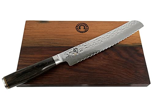 KAI Shun Premier Tim Mälzer TDM-1705, ultrascharfes japanisches Messer Brotmesser 23 cm Damastklinge mit Wellenschliff + großes und massives Fassholzbrett 30x18 cm | VK: 268,- von Tusina