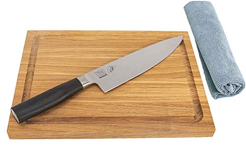 Kai Shun Tim Mälzer Geschenkset Kamagata TMK-0706 Kochmesser 20 cm, ultrascharfes Japan Messer+ massives Schneidebrett, 30x22 cm, (Eiche)+ Poliertuch von KAI/Palatina Werkstatt