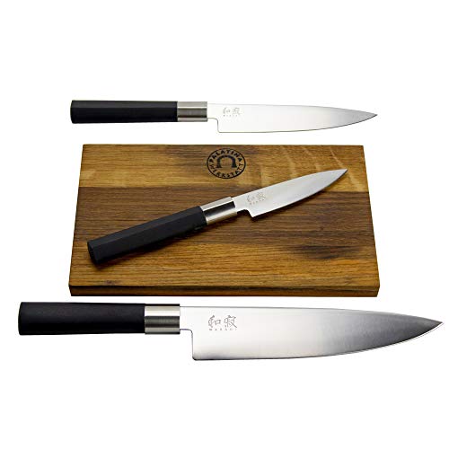 Kai Wasabi Black Messerset 3 ultrascharfe Officemesser/Allzweckmesser/Kochmesser + Schneidebrett aus Fassholz, 25x15 cm, SETANGEBOT von KAI/Palatina Werkstatt