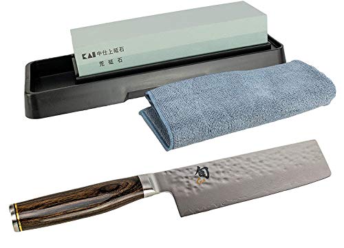 Kai SHUN Premier Tim Mälzer | TDM-1742 NAKIRI | ultrascharfes Japan Damastmesser | 14 cm Klinge | + Kai Schleifstein AP-0305 | 400/1000 Körnung + Premium Poliertuch von KAI Corporate