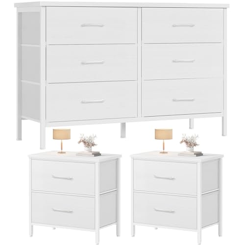 KAI-ROAD Kommode und Nachttisch Set 3-teilig Weiß Kommode mit 6 Stoffschubladen für Schlafzimmer-Sets Modern von KAI-ROAD