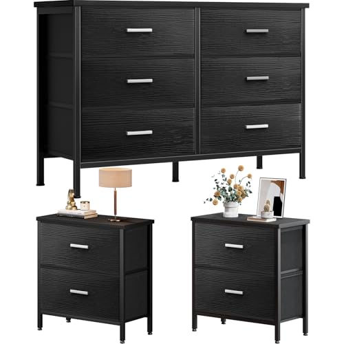 KAI-ROAD Passende Kommode und Nachttisch-Set, 3-teilig, schwarze Kommode mit 6 Stoffschubladen für Schlafzimmer-Sets, modern von KAI-ROAD