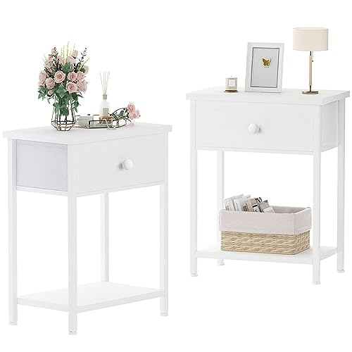 KAI-ROAD Weiße Nachttische 2er Set, Kleiner Nachttisch Set 2 mit Schublade und Regal Aufbewahrung für Schlafzimmer, Wohnheim, Modern von KAI-ROAD