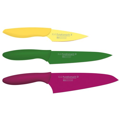 KAI Pure Komachi 2 Küchenmesser Set 3-teilig - Gemüsemesser 15 cm, Allzweckmesser 15 cm, Officemesser 10 cm - rostfreier Kohlenstoffstahl - Antihaftbeschichtung mit Polyprophylen Griff von KAI