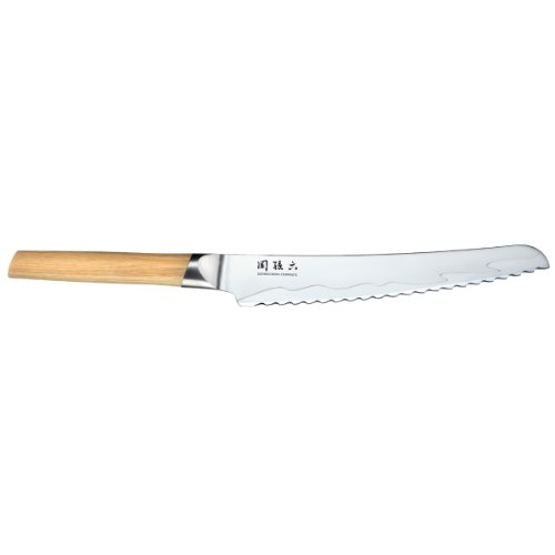 KAI Seki Magoroku Composite Brotmesser 23,0 cm Klingenlänge - SUS420J2 Edelstahl 56 HRC /VG 10 Stahl 61 HRC - heller gemaserter Pakkaholzgriff - Handgefertigt in Japan - Durchgehender Erl von KAI