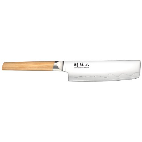 KAI Seki Magoroku Composite Nakiri-Messer 16,5 cm Klingenlänge - SUS420J2 Edelstahl 56 HRC /VG 10 Stahl 61 HRC - heller gemaserter Pakkaholzgriff - Handgefertigt in Japan - Durchgehender Erl von KAI