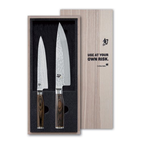 KAI Shun Premier Tim Mälzer japanisches Kochmesser 2er Set - Kochmesser 20 cm Klingenlänge + Allzweckmesser 16,5 cm Klingenlänge - Damastmesser 32 Lagen VG MAX Kern - 61 HRC - Pakkaholzgriff von KAI