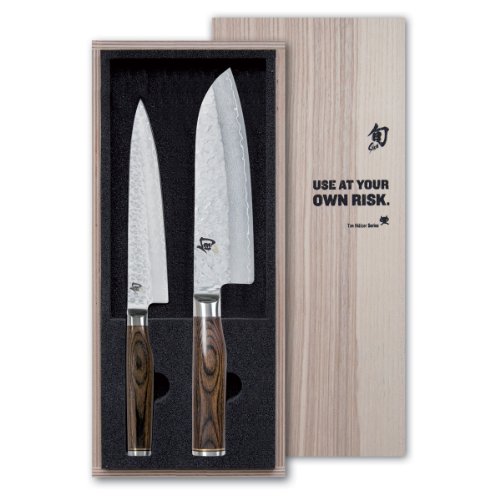 KAI Shun Premier Tim Mälzer japanisches Küchenmesser 2er Set - Santoku 18 cm Klingenlänge + Allzweckmesser 16,5 cm Klingenlänge - Damastmesser 32 Lagen VG MAX Kern - 61 (±1) HRC - Pakkaholzgriff von KAI