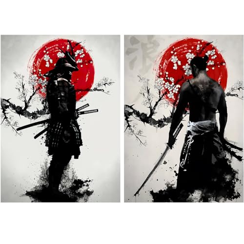 KAIDAARTLH Japanese Samurai Leinwand Bilder, Japanische Bushido poster & kunstdrucke, Schwarz Weiß wandbilder wohnzimmer, für Wohnzimmer Schlafzimmer Dekor set 2x60x90, Rahmenlos von KAIDAARTLH