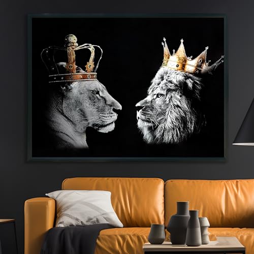 KAIDAARTLH Löwe mit Krone Schwarz und Weiß Tier Bild auf Leinwand Moderne Bilder Drucke Wohnzimmer Schlafzimmer Poster Wand Bild Dekoration Rahmen (Löwe-2, 80x120) von KAIDAARTLH