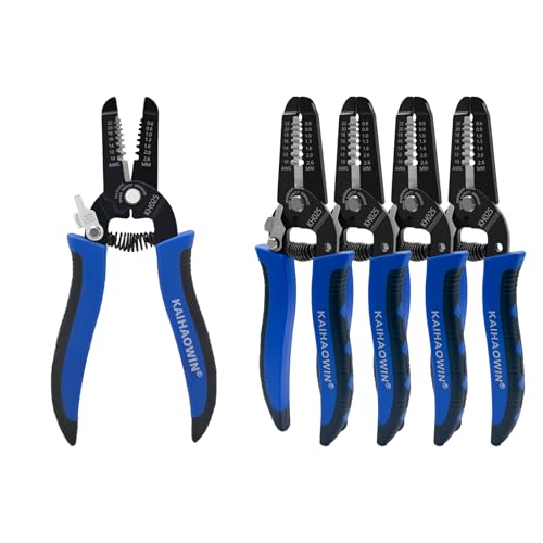 KAIHAOWIN 5 Stück Abisolierzange und Abschneider mit Sicherheitsverriegelung und Federbelasteter, Professioneller Kabel Abisolierzange, Kleine Abisolierer Zange für 10-22 AWG Litzendraht von KAIHAOWIN