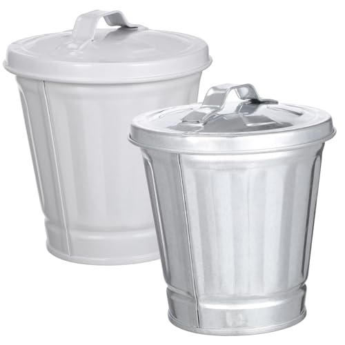 KAILIKETIY 2 Stück Mini Mülleimer aus Galvanisiertem Metall Kleine Tischabfalleimer mit Deckel Robust und Leicht zu Reinigen in Silber und Weiß für Büro und Zuhause von KAILIKETIY
