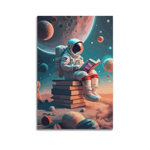 KAIPA Weltraum-Poster Astronauten lesen Bücher auf dem Mond, dekoratives Gemälde, Leinwand-Wandposter und Kunstdruck, modernes Familienschlafzimmer-Dekor-Poster, 20 x 30 cm von KAIPA