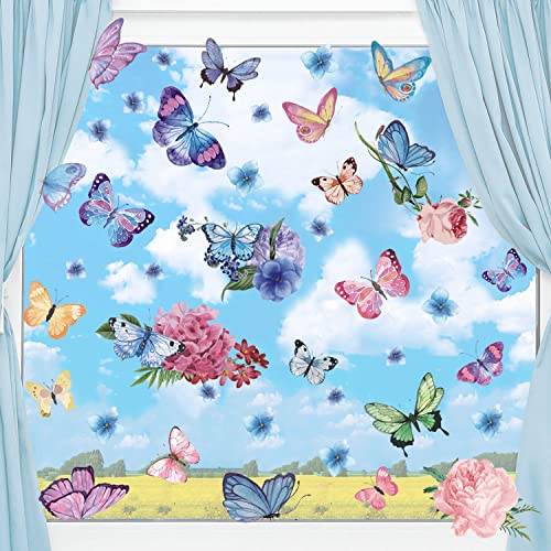 KAIRNE 33 Stück Schmetterling Fensteraufkleber,Blumen Wandtattoo,Rose Pfingstrose Fensterbild Kinderzimmer Mädchen,Schmetterling Fensterdeko Tiere Wandsticker für Wohnzimmer Schlafzimmer Frühling Deko von KAIRNE