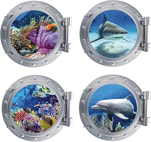 KAIRNE 3D-Wandaufkleber für Badezimmer, unter dem Wasser, Hai-Wandkunst für Kinderzimmer, Ozean, Delfin, Kinderzimmer, Dekoration, 4 Stück von KAIRNE