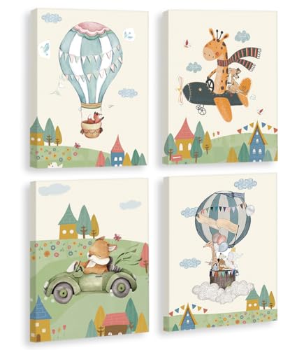 KAIRNE 4er Set Tiere Poster Kinderzimmer,Tiere Wandbild mit Rahmen (20×25CM),Flugzeug Heißluftballon Bilder,Wandbilder for Babyzimmer Deko Junge Mädchen Dschungel Safari Tiere Wandbilder von KAIRNE