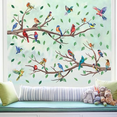 KAIRNE Vögel Fensterbilder,Vögel Baum Fenstersticker,Frühling Fenster Aufkleber, Kolibri Fensterdeko Vögel auf Zweigen Anti-Kollision Aufkleber,Pflanzen Blätter Wanddeko für Wohnzimmer Schlafzimmer von KAIRNE