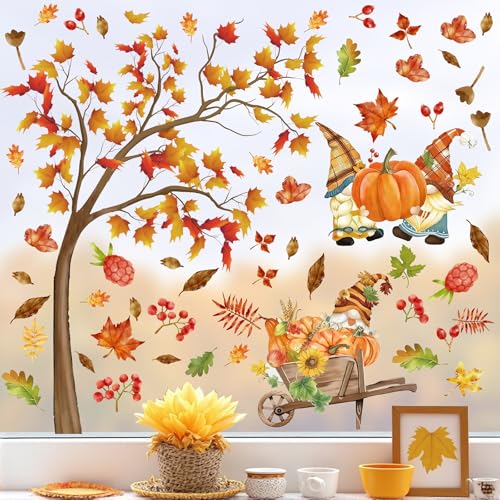 KAIRNE Fensterbilder Herbst Zwerge Blätter Fensteraufkleber Baum Ast Ahornblätter Wandaufkleber Thanksgiving Herbstdeko Fenster Kürbis Ahornblätter Fensterdeko Herbst für Kinderzimmer Wohnzimmer von KAIRNE