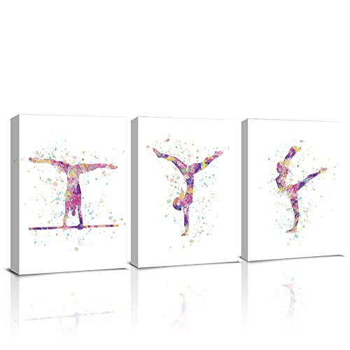 KAIRNE Gerahmtes Mädchen-Schlafzimmer-Zubehör, Gymnastik-Leinwand-Wandkunst, 3er-Set (20,3 x 25,4 cm), Gymnastik-Mädchen-Kunstdrucke, abstrakte bunte Fitness-Bilder für Wände, fertig zum Aufhängen von KAIRNE
