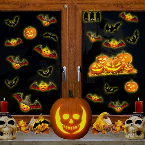 KAIRNE Halloween Fensterdeko,Halloween Fenster Aufkleber,Kürbis Leuchtsticker,Halloween Fensterbild,Geister Fledermaus Kürbis Wandtattoo für Schaufenster Schlafzimmer Kinderzimmer Party Dekor von KAIRNE