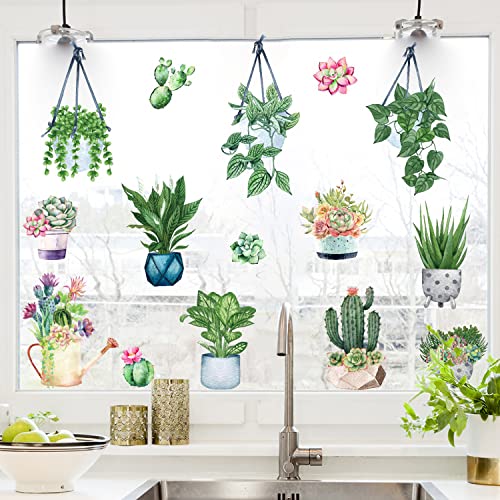 KAIRNE Pflanze Fensterbilder Selbstklebend,Frühling Fenstertattoo，Blumen Aufkleber Fenster,Topfpflanzen Fensterbilder Sommer Selbstklebend,Hängendes Kraut Vogelschutz für Glasscheiben,15 Stücke von KAIRNE