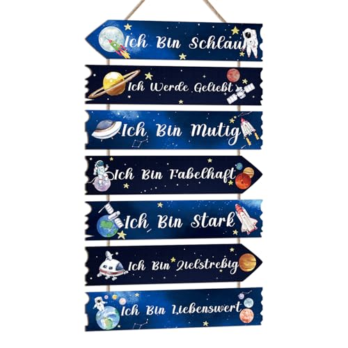 KAIRNE Planet Wanddeko für Kindzimmer Jungen,Schild Weltraum Wandkunst,Kinder Holzschild mit Spruch,Inspirierende Zitate Wandbild,Astronaut Wandschild für Babyzimmer Schlafzimmer Geschenk Tür Deko von KAIRNE