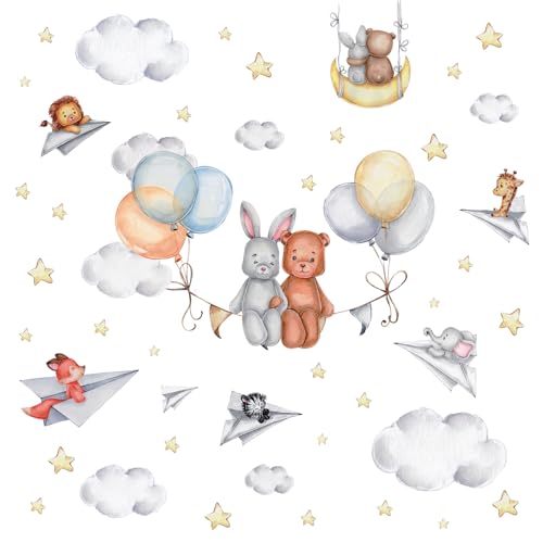 KAIRNE Tiere Wandtattoo Kinderzimmer,Wandsticker Babyzimmer,Ballon Wandtattoo Kinderzimmer Junge Mädchen,Papierflugzeuge Flugzeug Wolken Sterne Hase Bär Wandaufkleber für Schlafzimmer Kinder Wanddeko von KAIRNE