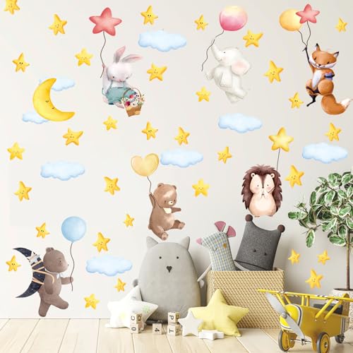 KAIRNE Tiere Wandtattoo Kinderzimmer,Wandsticker Babyzimmer,Ballon Wandtattoo Kinderzimmer Junge Mädchen,Papierflugzeuge Flugzeug Wolken Sterne Hase Bär Wandaufkleber für Schlafzimmer Kinder Wanddeko von KAIRNE