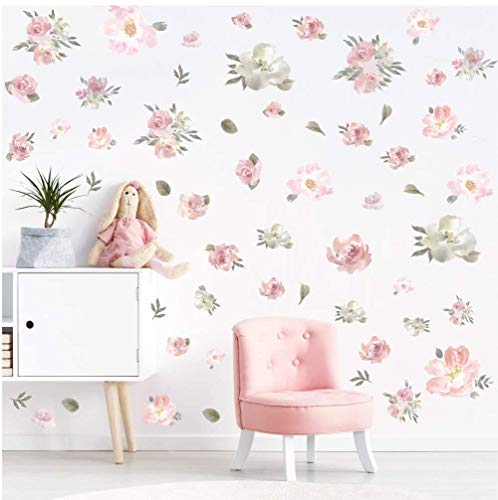 KAIRNE Wandtattoo Blumen Rosa,Aquarell Rosen wandtattoo für Mädchen Schlafzimmer,Pfingstrose Wandsticker Kinderzimmer,Pflanze Blätter Blumen Wandaufkleber für Wohnzimmer Babyzimmer Flur Fenster Deko von KAIRNE