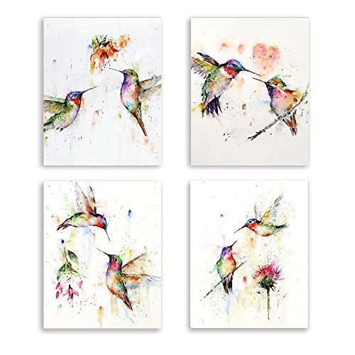 Kairne 4er Set Abstrakt Bilder Vogel,Aquarell Kolibri Poster,Bilder Wohnzimmer Deko,Modern Bilder für Schlafzimmer Zimmer,Wandbilder Dekoration für Wohnzimmer Kinderzimmer,Ohne Rahmen (20 * 25CM) von KAIRNE