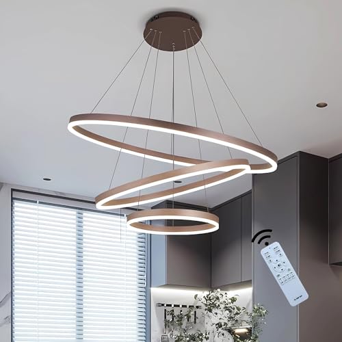 KAIRRY LED Pendelleuchte Moderne 3-Ring Kronleuchter Wohnzimmerlamp Dimmbar Hängeleuchte Deckenbeleuchtung Für Schlafzimmer Wohnzimmer Esstisch leuchte (A Braun, 40+60+80CM) von KAIRRY