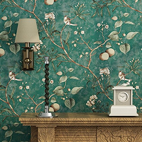 KAIRRY Wand Vintage Flower Bäume Vögel Tapete für Wohnzimmer Schlafzimmer Küche,0.53M*10M (Color : Dunkelgrün) von KAIRRY