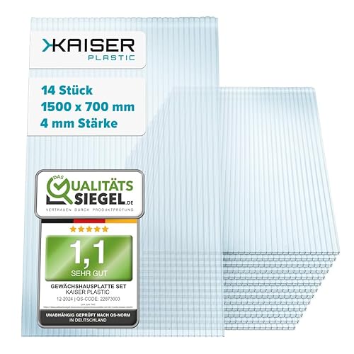 KAISER plastic® Gewächshausplatten 14 STK. | Hohlkammerplatten Doppelstegplatten 4mm | Platten für Gewächshaus | Polycarbonatplatten 1500 x 700 mm - 4mm Stärke - 700g/m² von KAISER PLASTIC