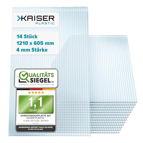 KAISER plastic® Gewächshausplatten 14 STK. | Hohlkammerplatten Doppelstegplatten 4 mm | Platten für Gewächshaus | Polycarbonatplatten 700g/m² | 1210 x 605 mm - 4mm Stärke von KAISER PLASTIC