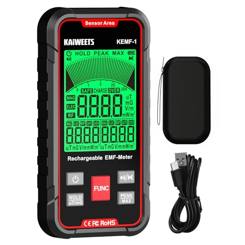 KAIWEETS EMF Messgerät, Gleichzeitige Anzeige von EF/MF/RF-Daten, LED-Display, Typ-C-Ladeanschluss, Tragbar für Zuhause, Büro und Außenbereich von KAIWEETS