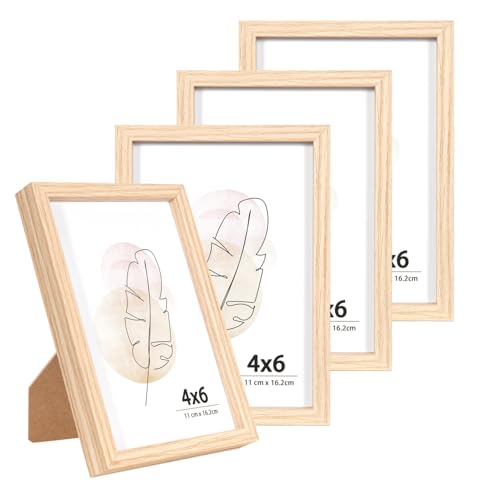 KAIWIN Bilderrahmen für Wand und Schreibtisch, Eiche, 10 x 15 cm, 4 Stück，4x6 inch Holzrrahmen zum aufhängen und aufstellen Benutzt für Wohnzimmer, Schlafzimmer, Arbeitszimmer von KAIWIN